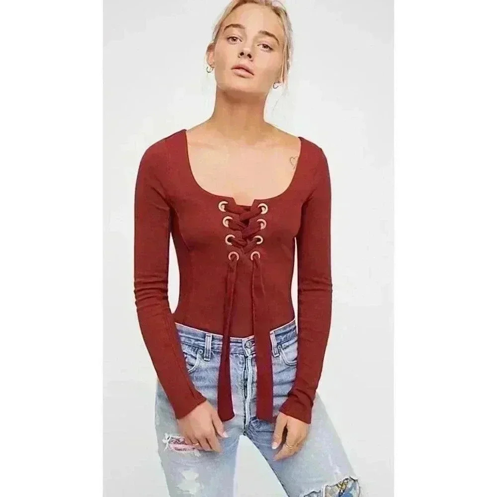 Free People Rust Long Sleeve Lace-Up Top